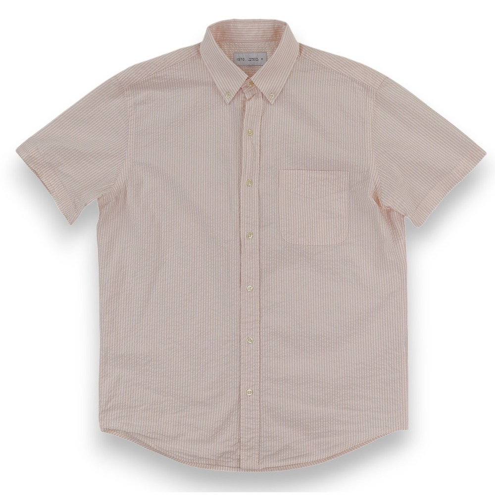 ISTO. Mens Medium Pink White Striped Seersucker Oxford Shirt Button Down S/S